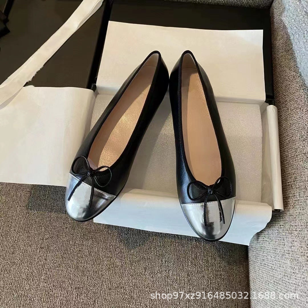 Women's Style Flat Pumps Bow Color Matching Ballet Round Head Shallow Heels