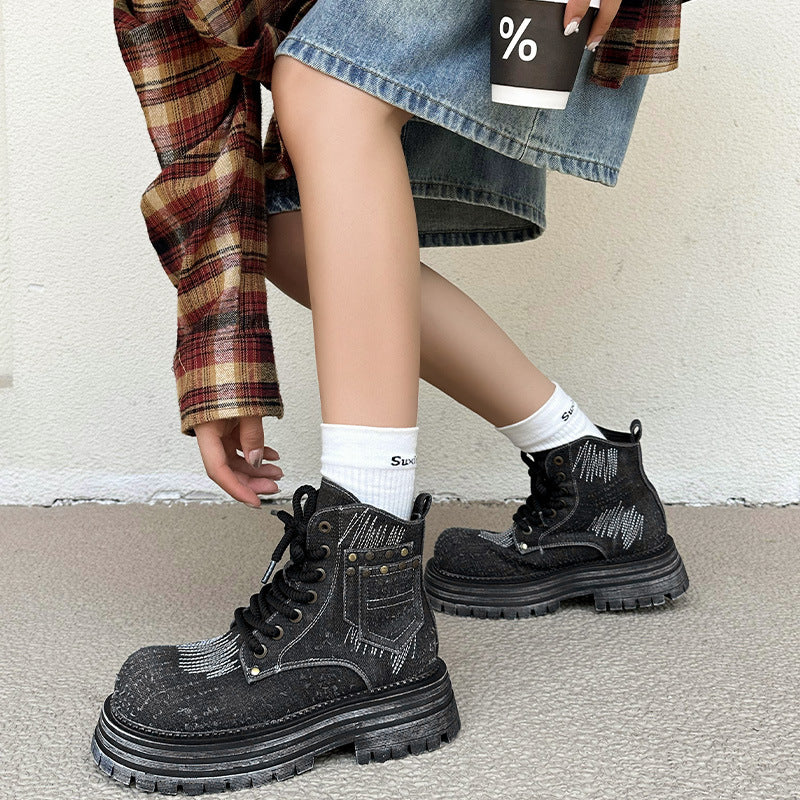 Women's Thick Bottom Increased Worker Short British Women's Leather Boots