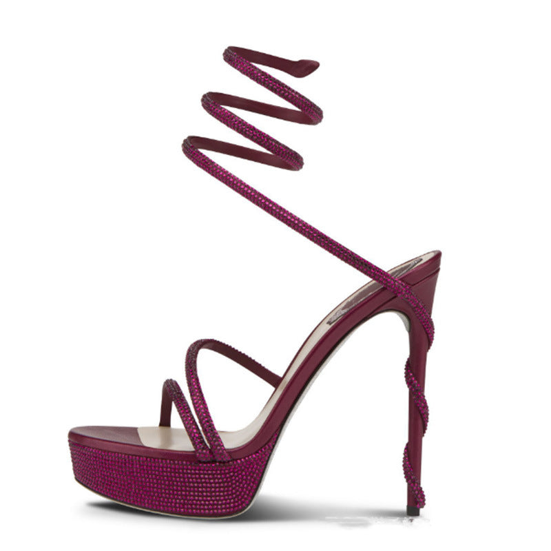 Women's Waterproof Platform Super Stiletto Snake-shaped Rao Strap Large Size For Heels