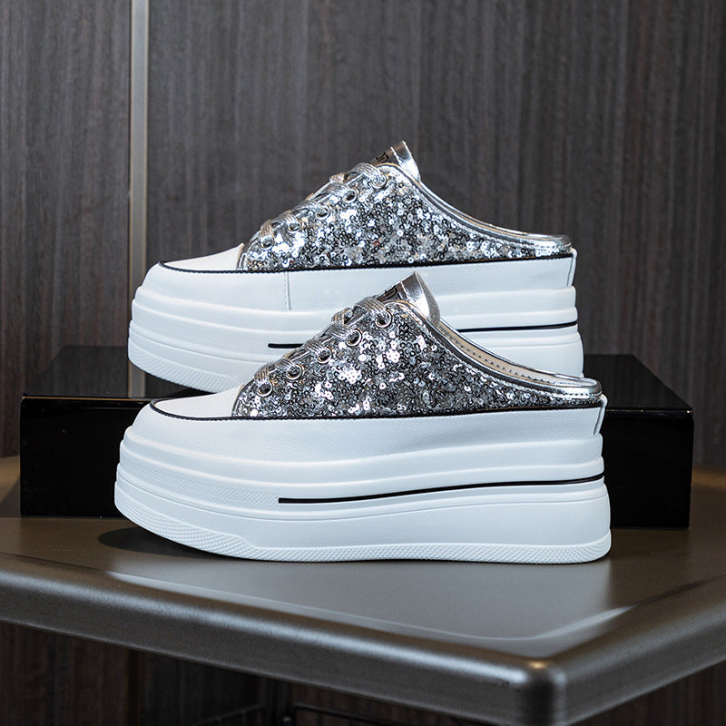 Women's Insole Closed Toe Half For Spring Sequin Platform Slippers