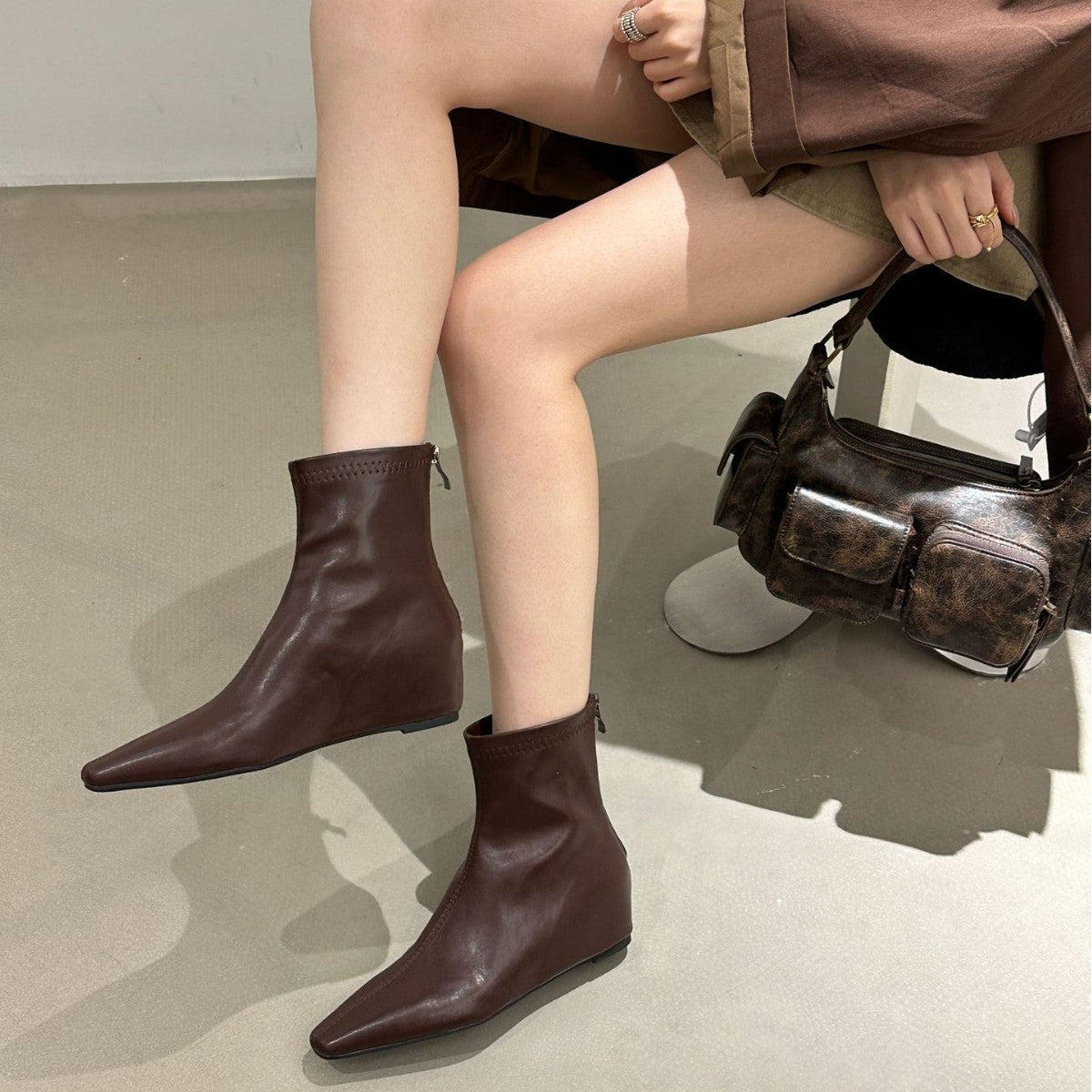 Women's Pointed Ankle Simple Female Bootie French Skinny Fruit Women's Leather Boots