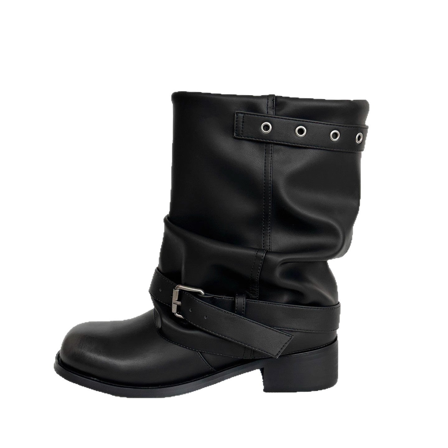 Women's Black For Knee-high Motorcycle Pleated Pile Women's Leather Boots