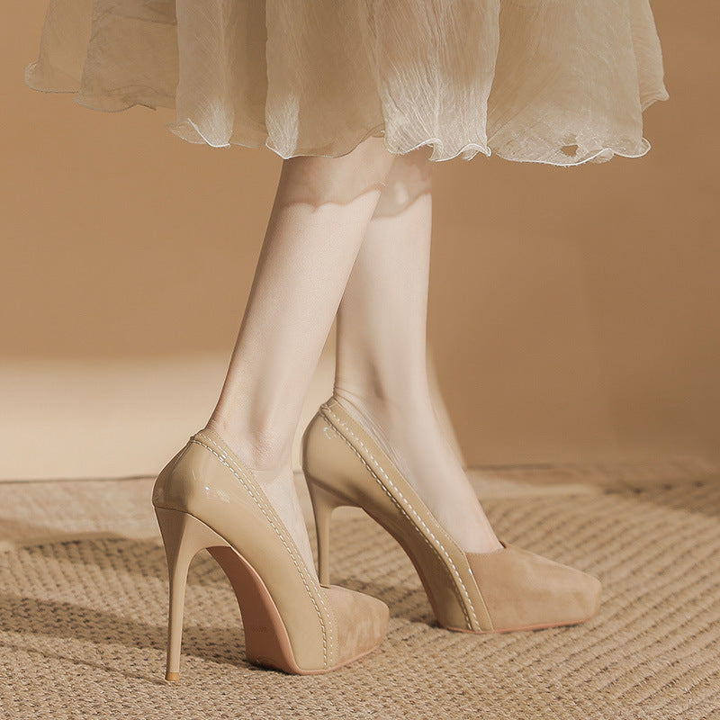 French Suede Pointed Stiletto High Elegant Inner Waterproof Platform Black Heels