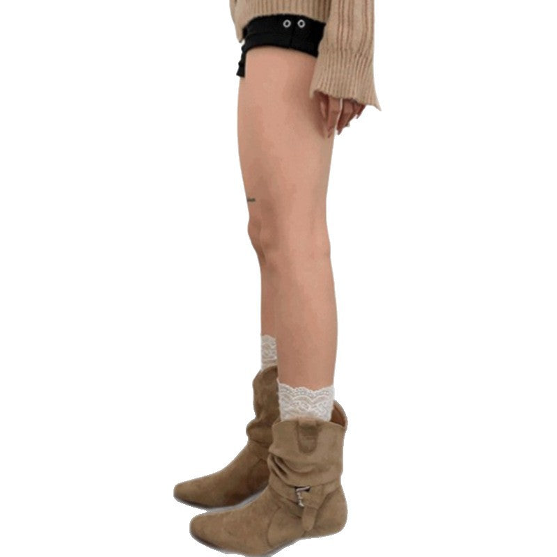 Women's Frosted Suede Western Cowboy V Cut Chunky Pile Style Belt Women's Leather Boots