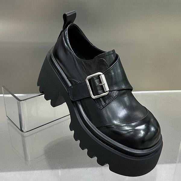 Women's Muffin Platform Black Chunky European Goods Leather Shoes