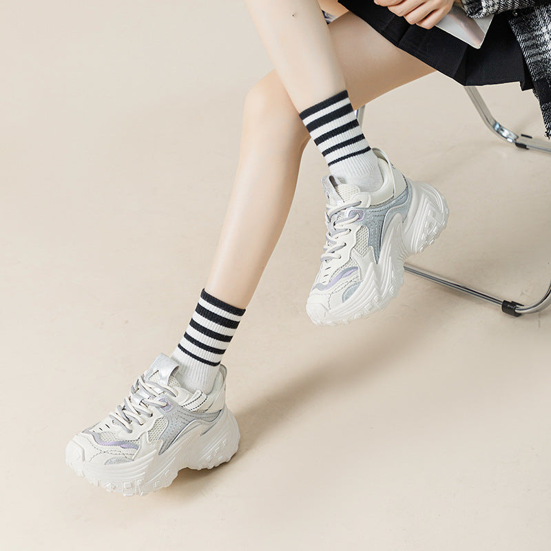 Women's Thick Bottom Heightened Daddy Fashionable Spring Distressed Breathable Women's Sports Shoes