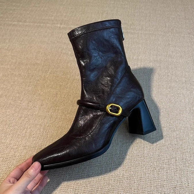 Women's Chunky Square Toe High-heeled Skinny French Retro Women's Leather Boots