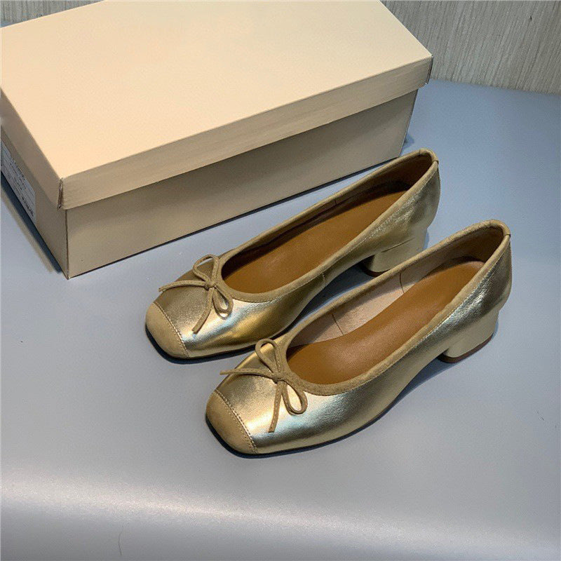 Women's Shallow Mouth Mid Round Head Genuine Bow Women's Shoes
