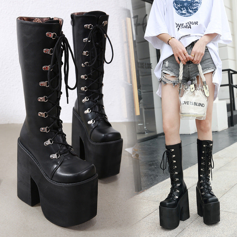 Women's For Nightclub Stage Catwalk High Platform Muffin Thick Bottom Women's Leather Boots
