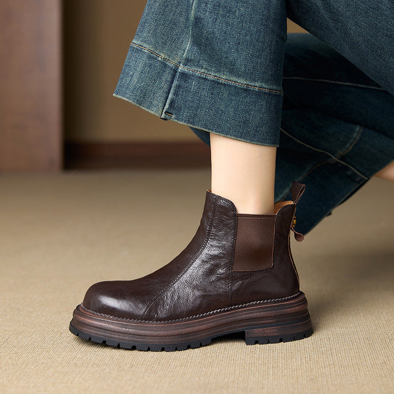 Women's Height Increasing Chelsea Booties Round Toe Vintage Slimming Women's Leather Boots