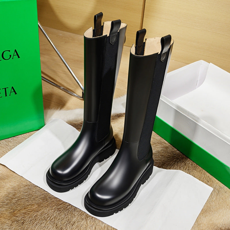 Women's Knight Below The Knee Long Thick Bottom Tube Tail Small Women's Leather Boots