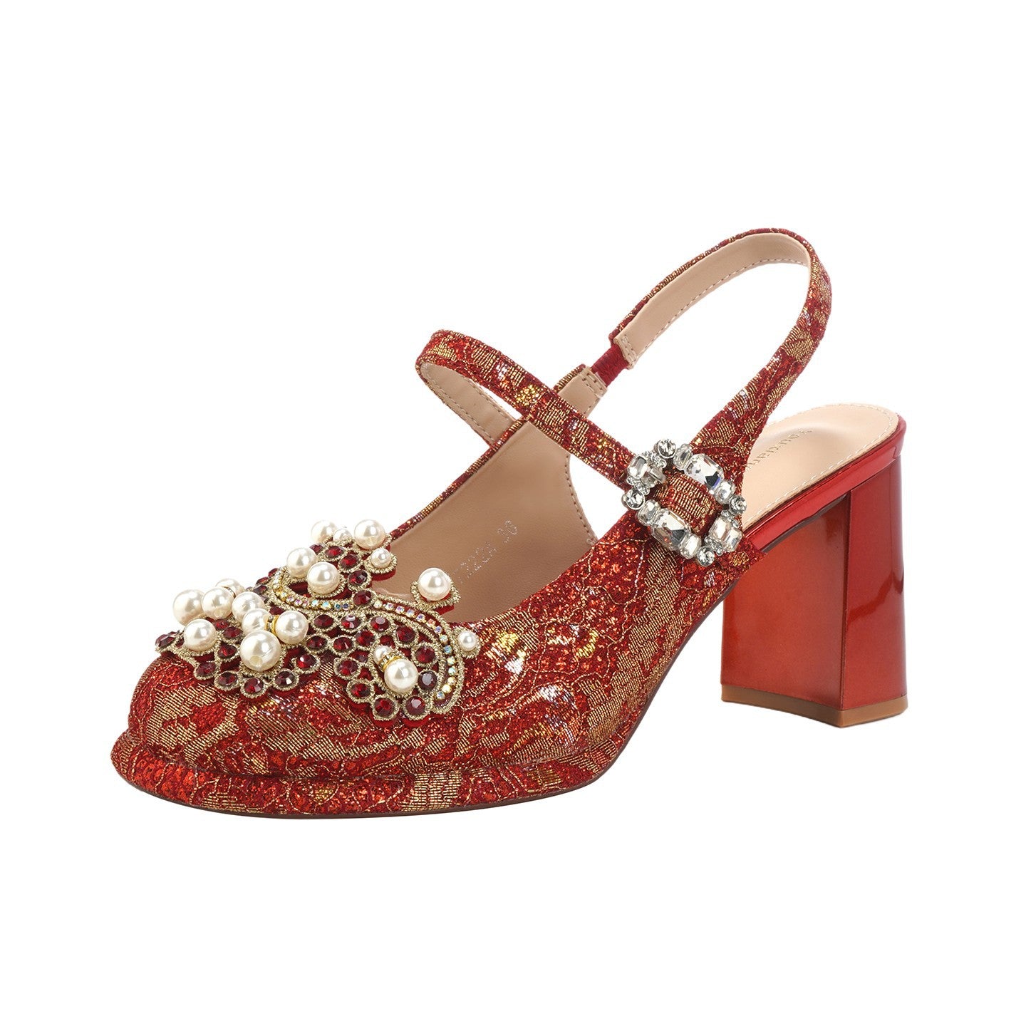 Wedding Pearl Rhinestone Chunky Square Toe Back Empty Light Luxury Heels