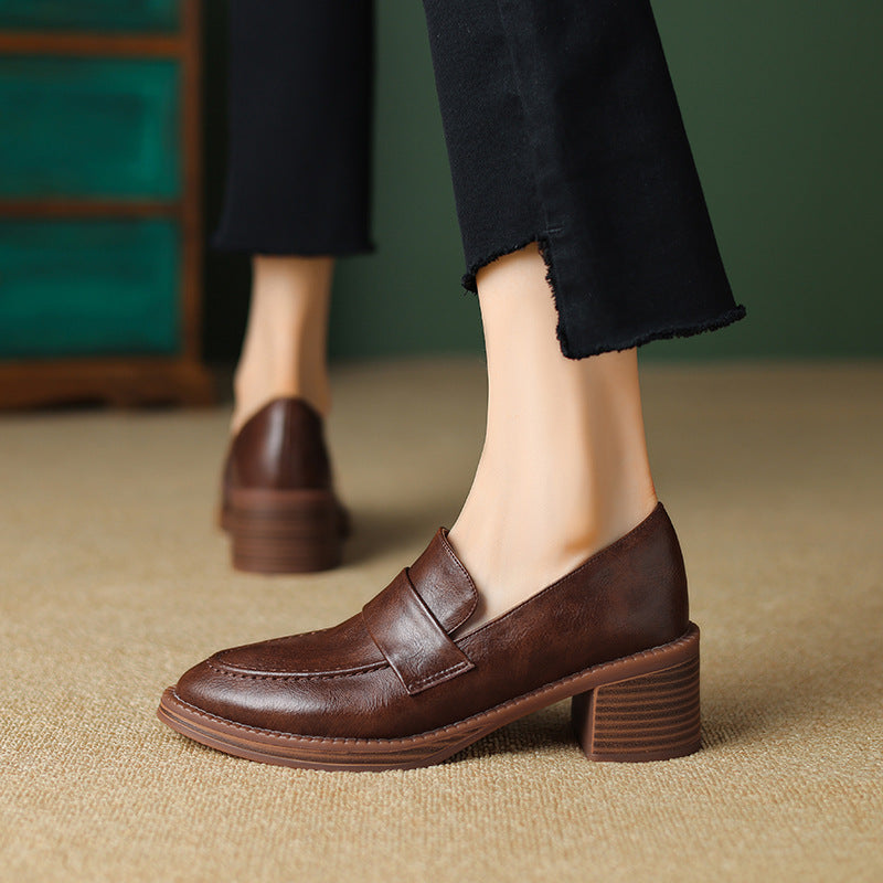 Women's Autumn Pointed Toe Chunky Mid Fashion Retro Men's Shoes