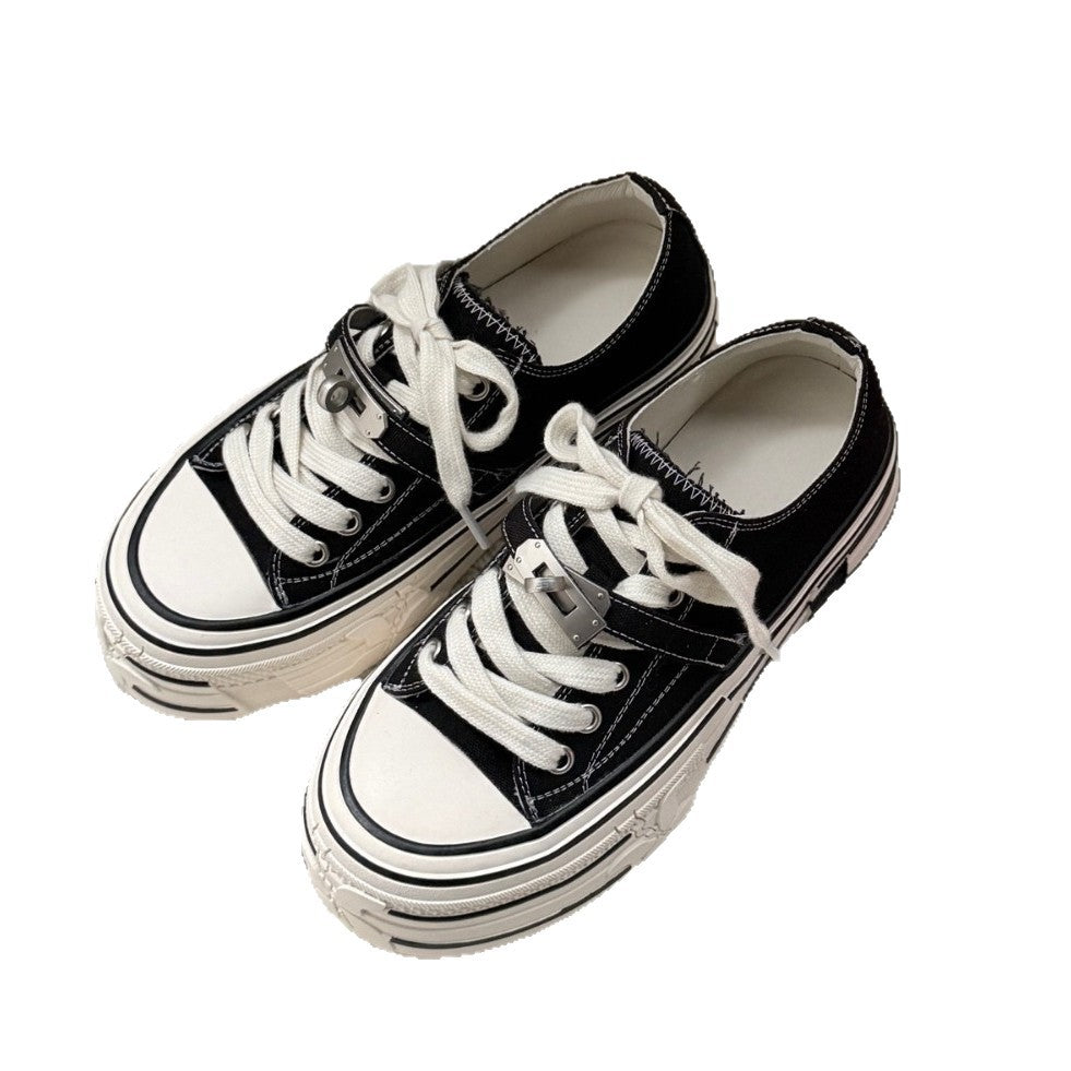 Women's Spring Red Black Double Color Lock Two-way Platform Canvas Shoes