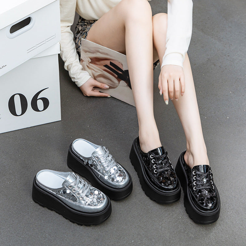 Women's Thick Bottom Fashion Half Support Summer Closed Toe Mesh Sequins Slippers