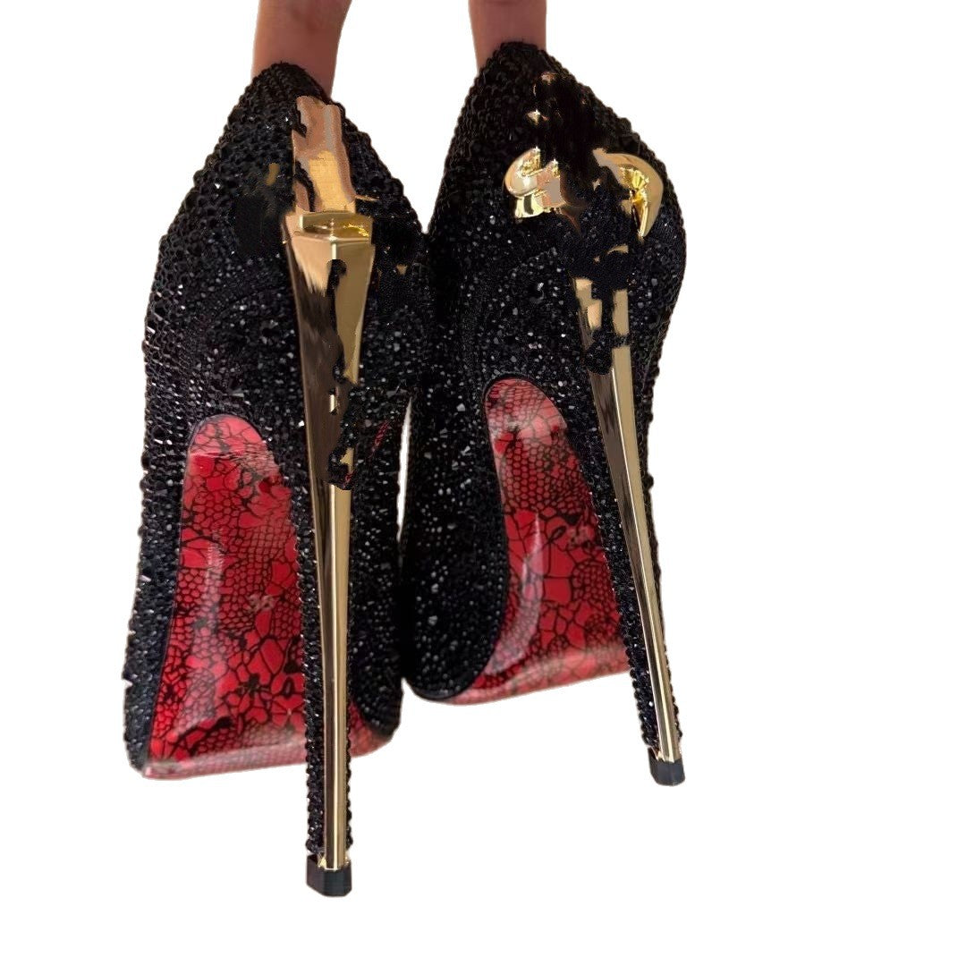 Large Size Gold Truncheon High Super Printed Red Bottom Pointed Women's Fashion Shoes