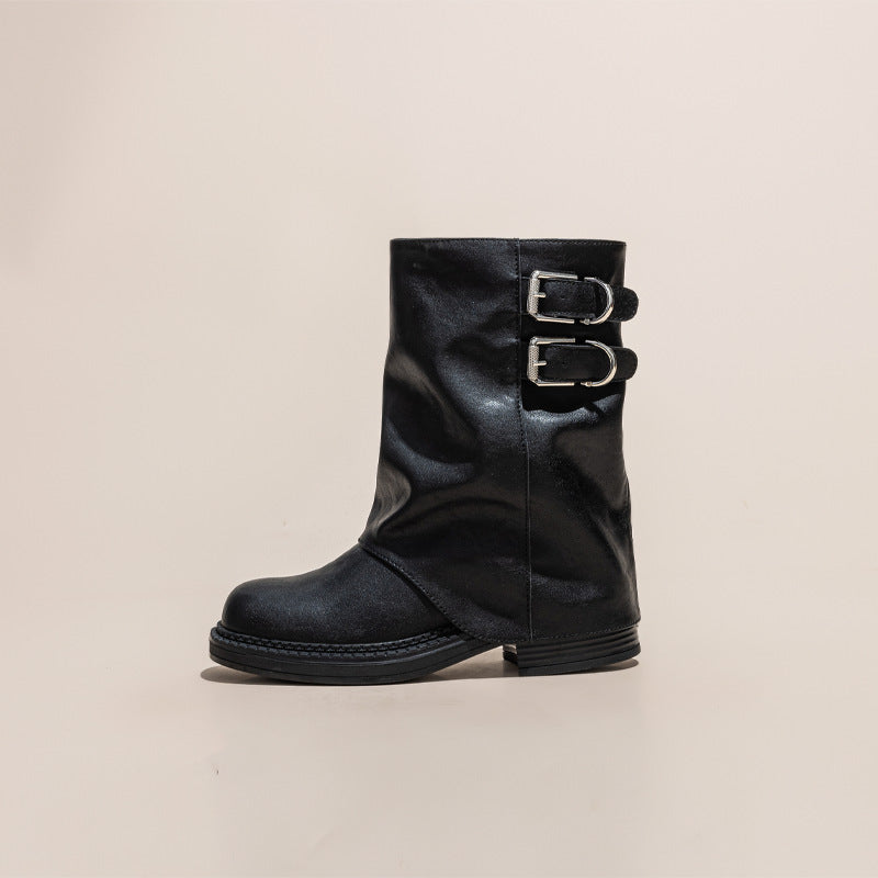 Pile Style Thick Bottom Pantyhose Small High-heel Women's Leather Boots