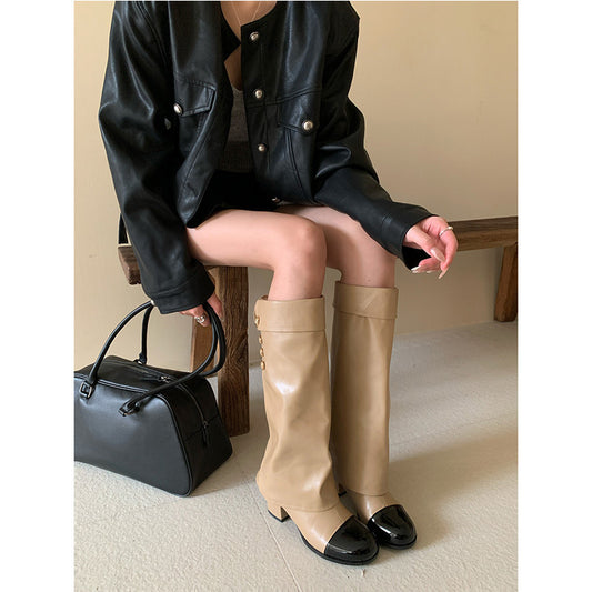 Sheepskin Version Camellia Genuine Chunky Knight Long Female Classic Style Women's Leather Boots