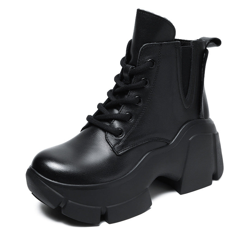 Women's Genuine Platform Retro Middle High Solid Boots