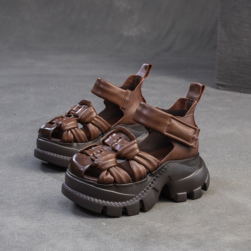 Women's Summer Niche Style Top Layer Cowhide Comfortable Woven Breathable Platform Sandals