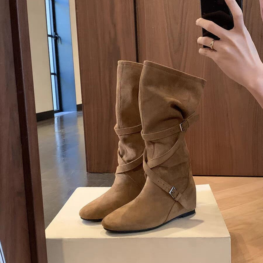 Pile Style Height Increasing Insole Buckle Length Loose Socks Women's Leather Boots