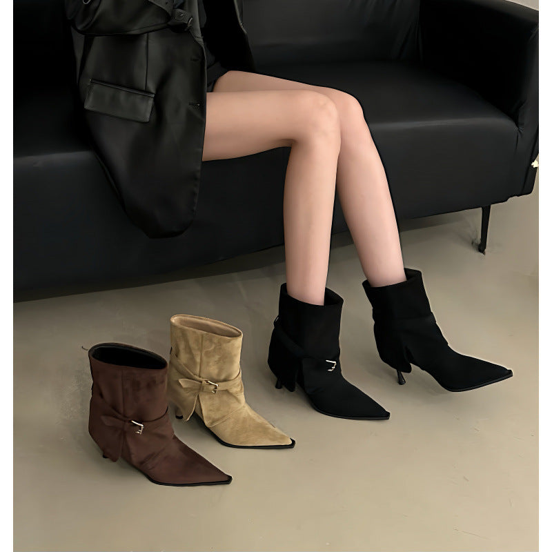 Women's Vintage Belt Buckle Pointed Toe For Stiletto French Style Suede Women's Leather Boots