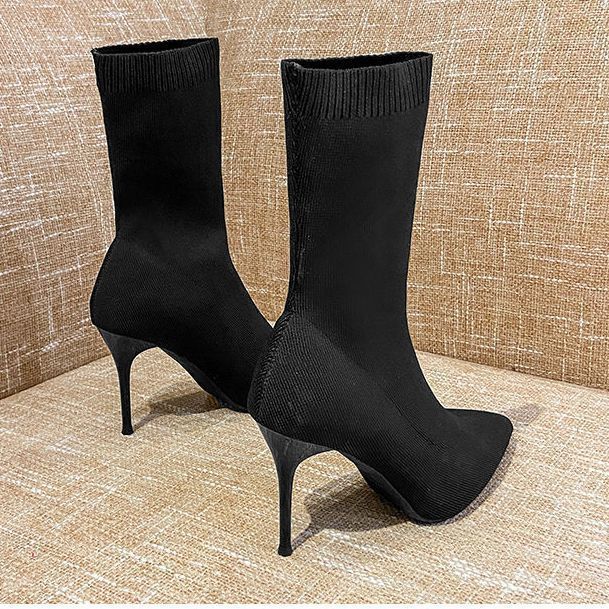 Women's Stiletto Pointed High Stretch Knitted Single-layer Slimming Large Size Versatile Women's Leather Boots