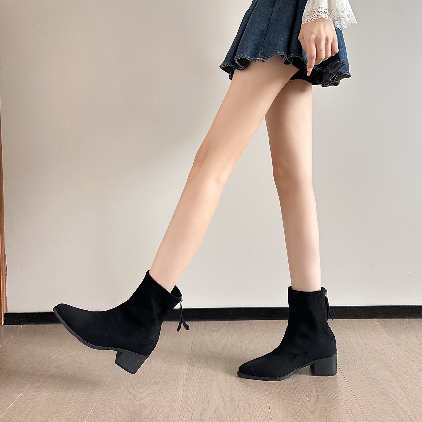 Women's High Martin Small French Style Skinny Suede Chunky Short For Women's Leather Boots