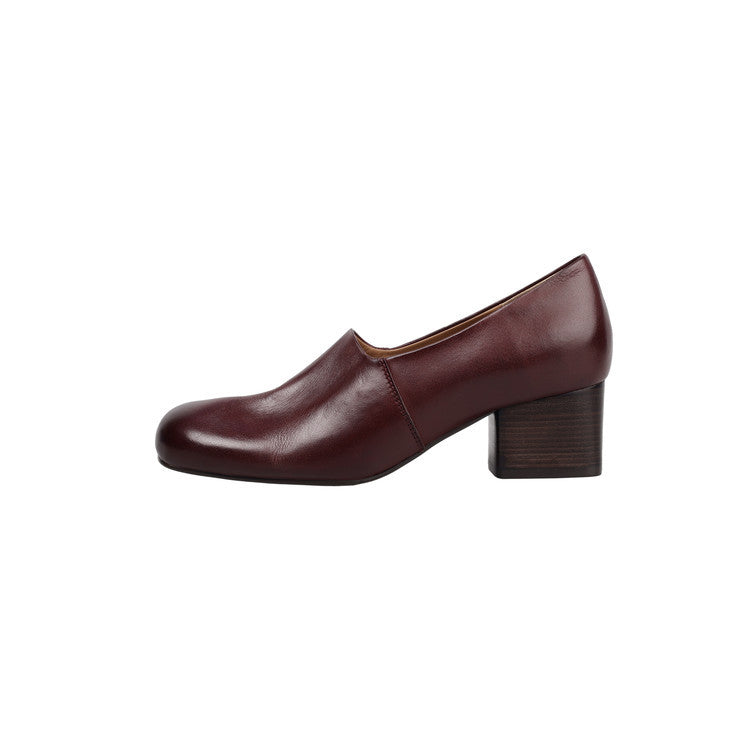 Women's Cowhide Thick Pumps Mid Round Head Brushed Medium-sized Women's Fashion Shoes