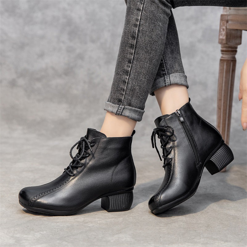 Cowhide Veet Mom Thick High Side Zipper Women's Shoes