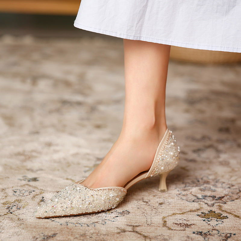 Women's Spring Water Bright Crystal High Pointed Toe Short Hollow Heels