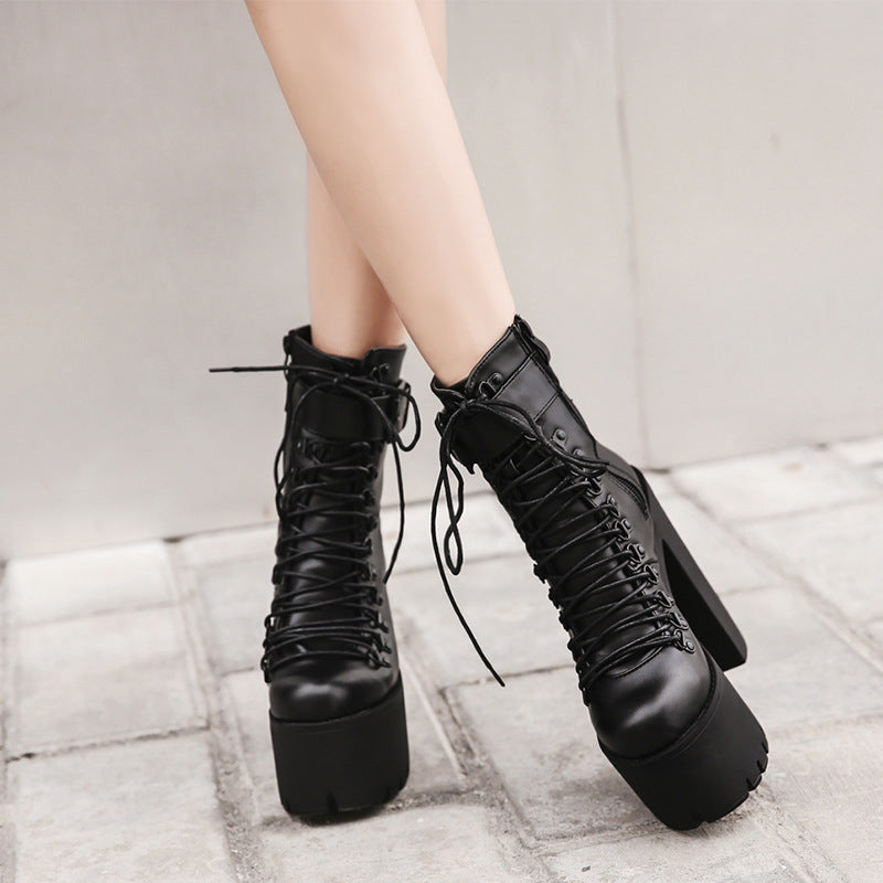 Women's High Platform Black Ankle Chunky Winter Women's Leather Boots