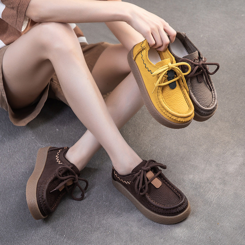 Women's Retro Platform Comfortable First Layer Cowhide British Women's Casual Shoes