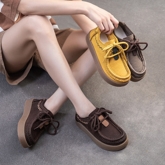 Women's Retro Platform Comfortable First Layer Cowhide British Women's Casual Shoes
