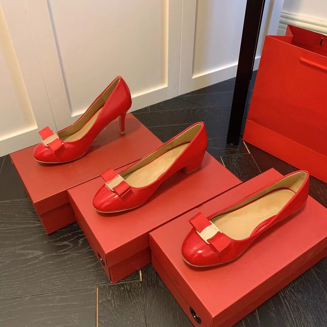 Spring Bowknot Round Toe Wedding Commuter Style Single Patent Women's Casual Shoes