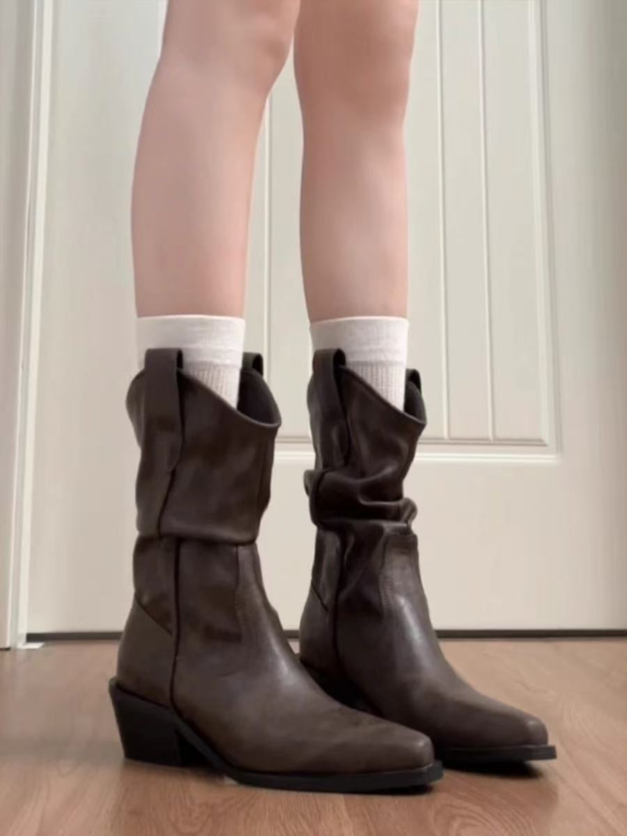 Women's Pointed Toe Chunky Booties Pile Style Western Women's Leather Boots