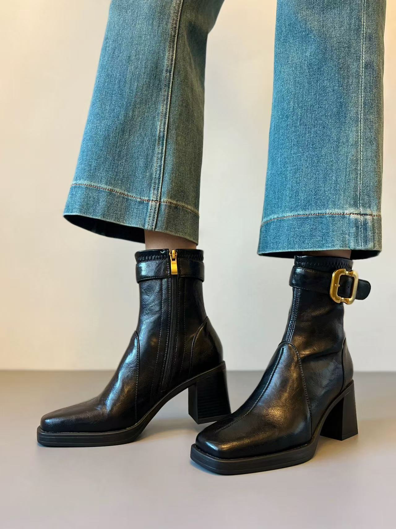 Women's Square Toe High Short Retro Chunky Women's Leather Boots