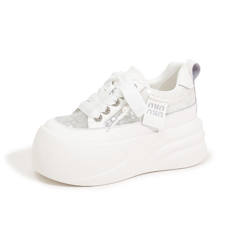 Women's White Summer Hollow Mesh Muffin Thick-soled Height Sneakers
