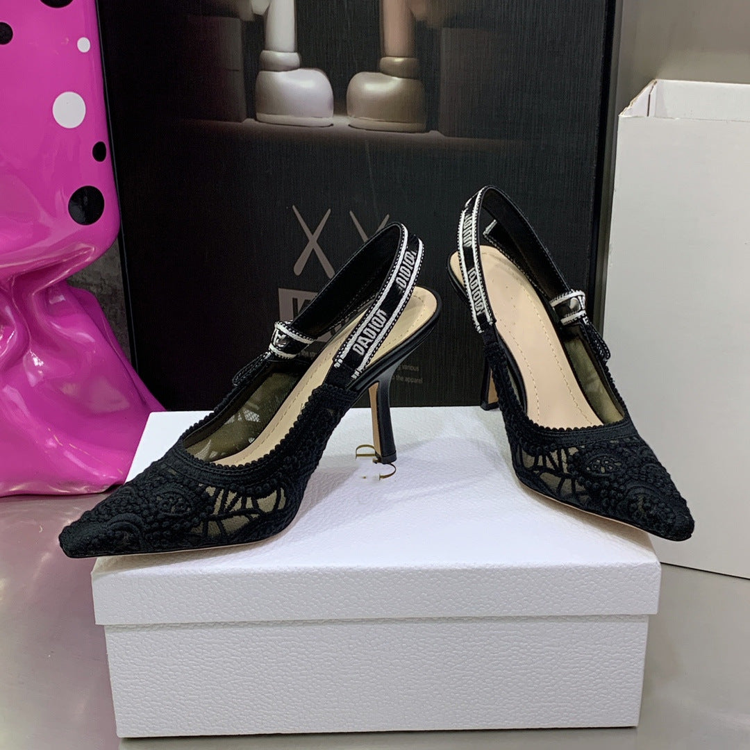 Women's Letter Lace Wedding Mesh Flat Kitten Pointed Sandals