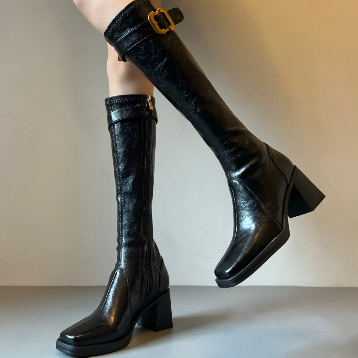 Women's High Long Belt Buckle Square Toe Leggings Skinny Women's Leather Boots