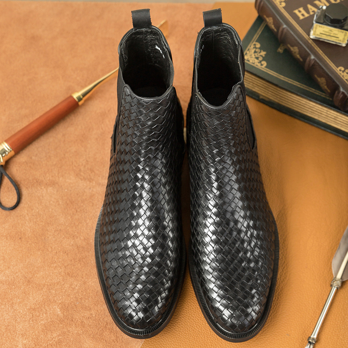 Men's Cowhide Hand-woven Korean Chelsea Ankle Boots