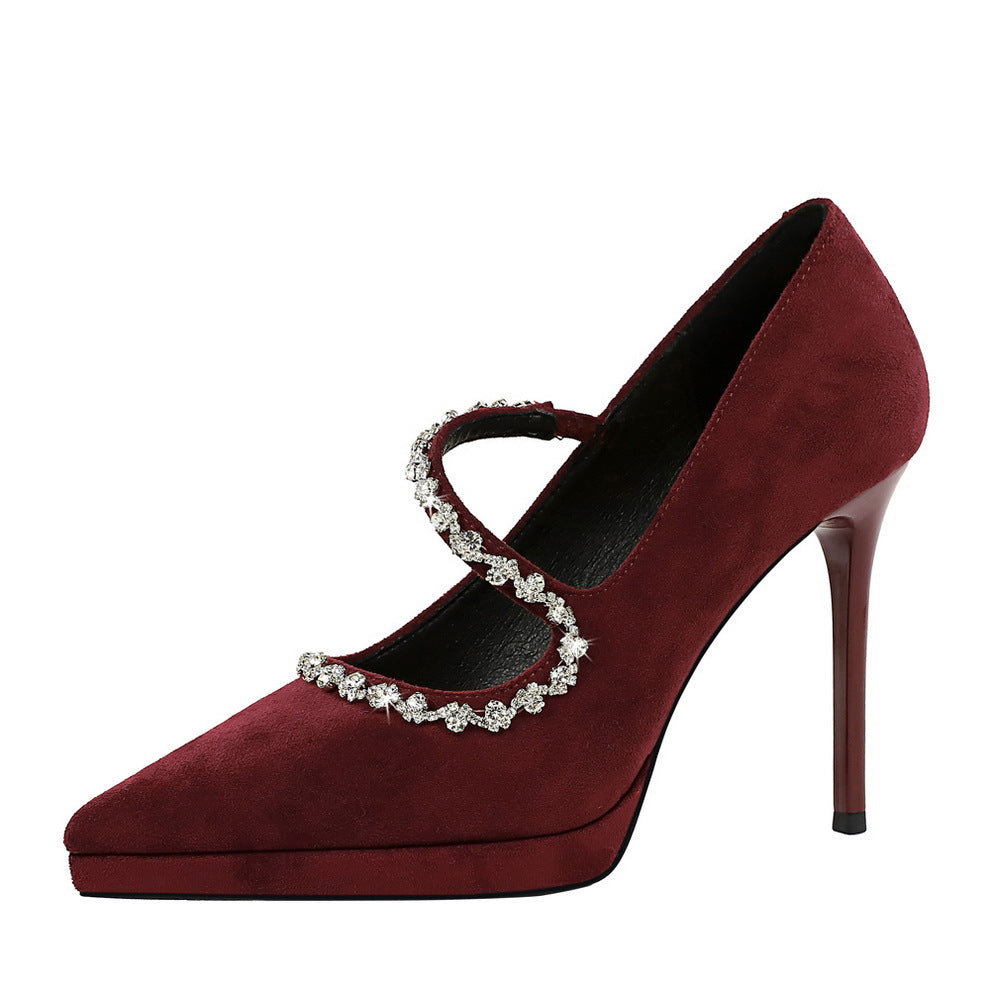 Stiletto Low-cut Suede Waterproof Platform Rhinestone Heels