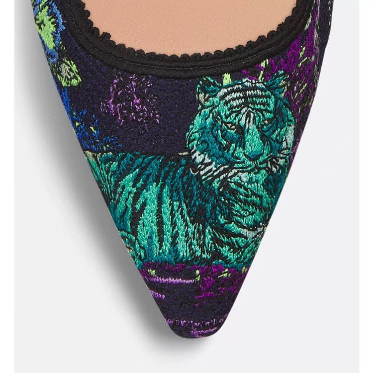 Tiger Embroidered Summer Bow Cat Closed Toe High Heeled Sandals