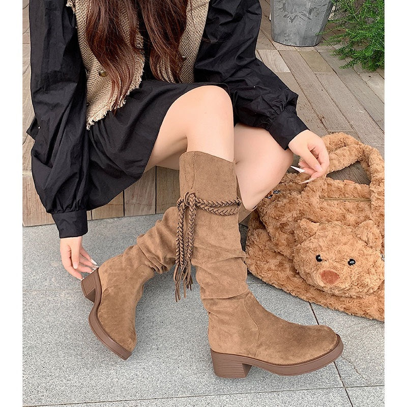 Women's Waste Soil Style Tassel Western Denim Knight Thick Brown Retro Women's Leather Boots