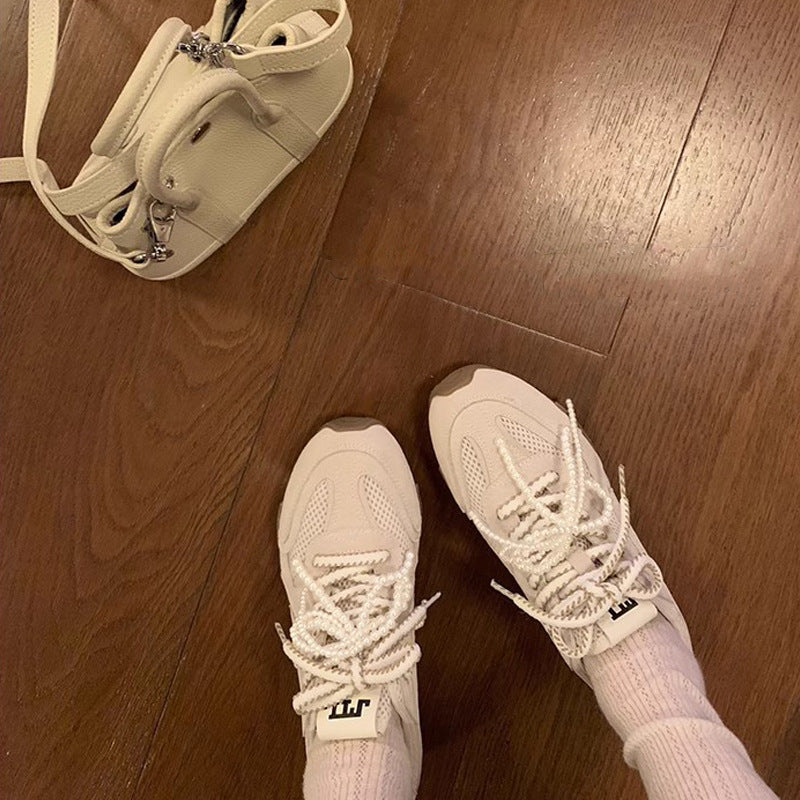 Women's Spring Girlish Style Pearl Double Shoelace Genuine Sneakers