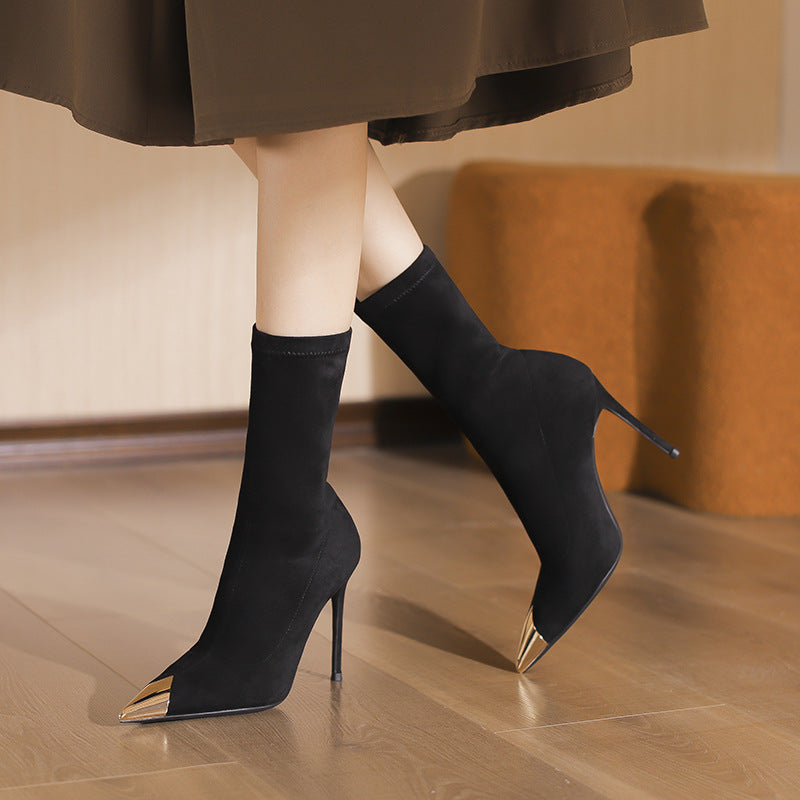 Women's Black Short Stiletto Pointed Toe High Metal Boots
