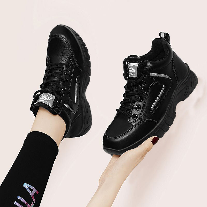 Women's Sole Black For Thick Bottom Fleece-lined Sneakers