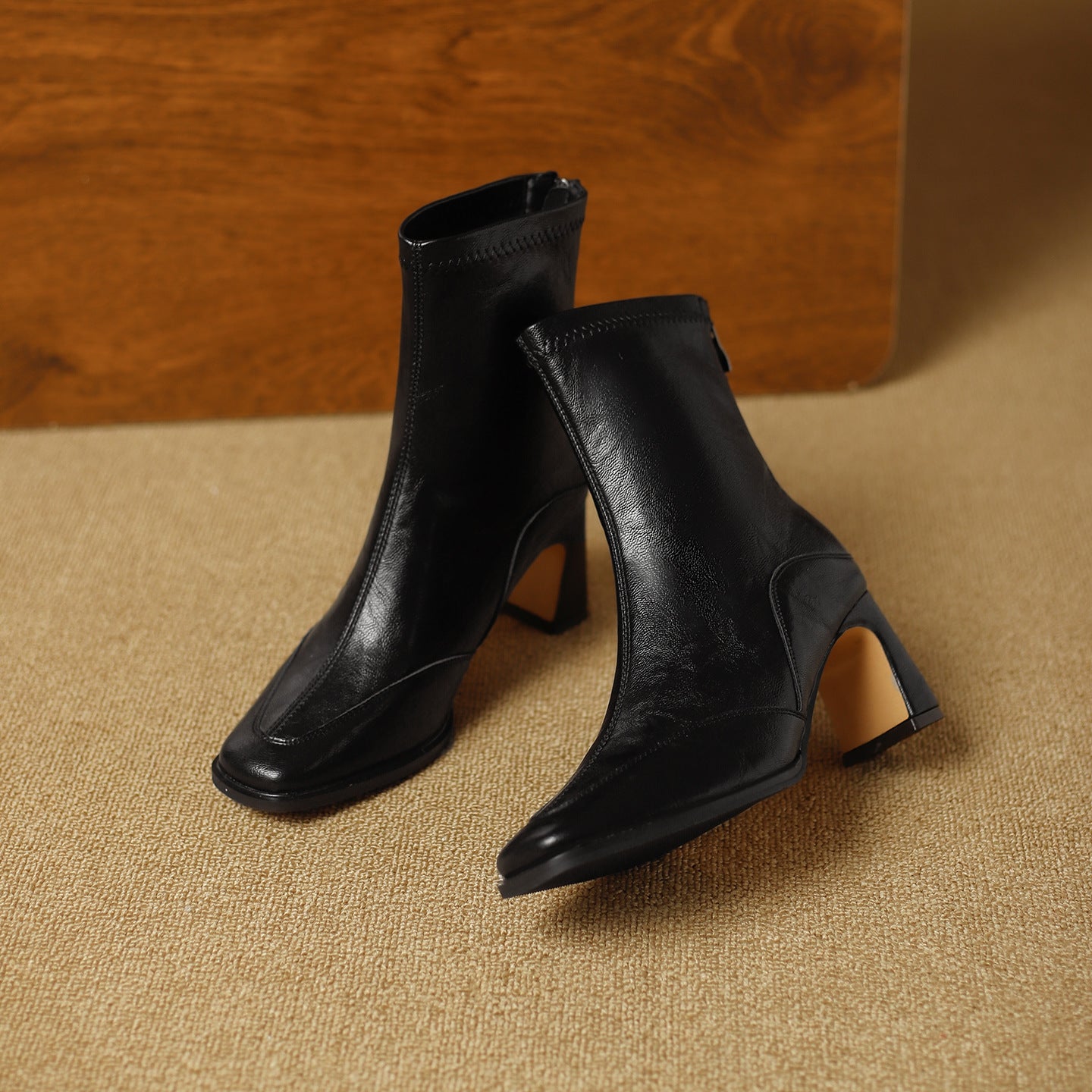 Women's Retro Square Toe High Short Autumn Zip Soft Fashionable Temperamental Women's Leather Boots