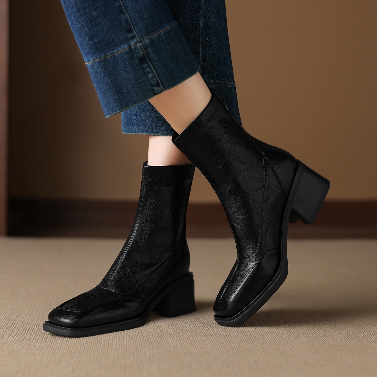 Women's Square Toe Fashion Chunky Short For Autumn Stretch Thin Mid Women's Leather Boots