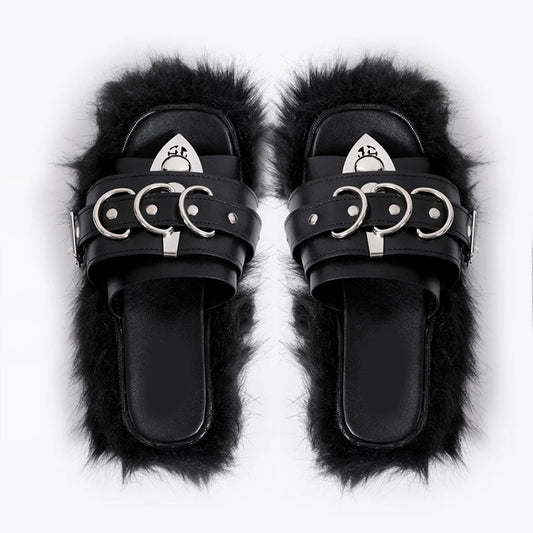 Women's Outdoor Summer Metal Punk Asian Culture Fur Slippers